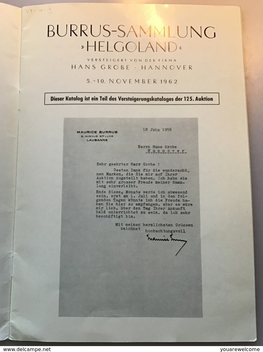 BURRUS Sammlung HELGOLAND Auktionskatalog Hans Grobe 1962(auction Catalogue Altdeutschland Heligoland Vente Aux Enchéres - Heligoland