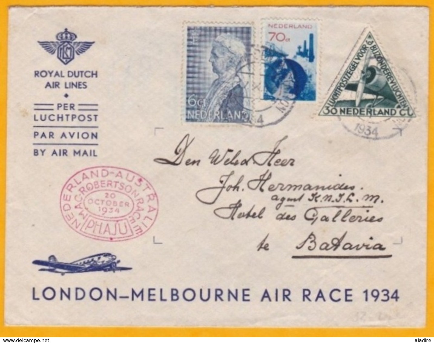 1934 - Course Aérienne Mac Robertson ROYAL DUTCH AIR LINES  London - Amsterdam - Batavia - Luftpost