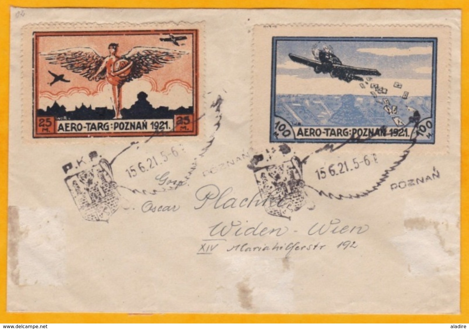 1921 - Envel. Par Avion Précurseur De Poznan, Pologne Vers Vienne, Autriche  Avec Timbres Semi-officiels AeroTarg - Flugzeuge