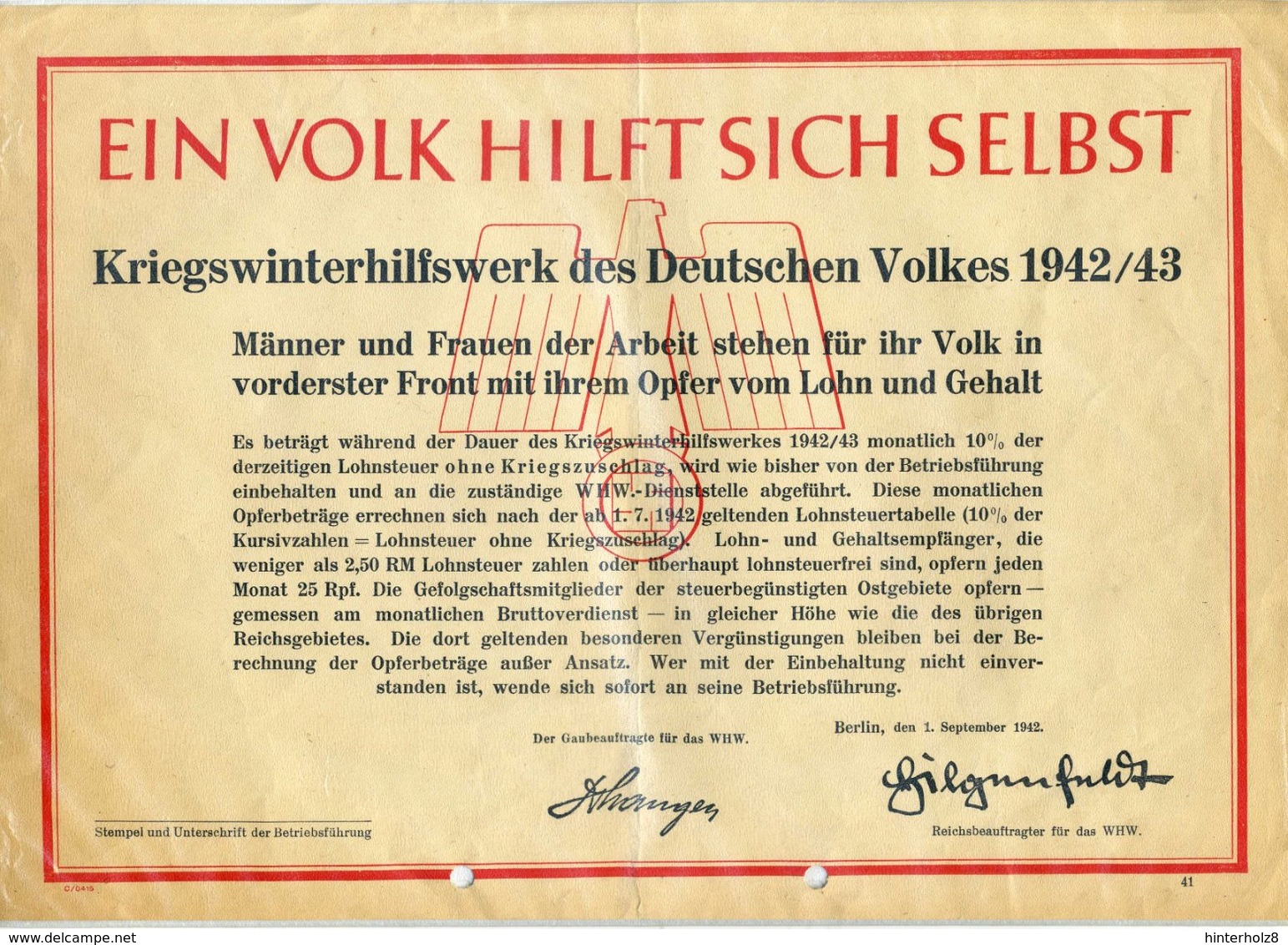 DR; Schreiben " Ein Volk Hilft Sich Selbst / Kriegswinterhilfswerk..... "; September 1942 - 1939-45