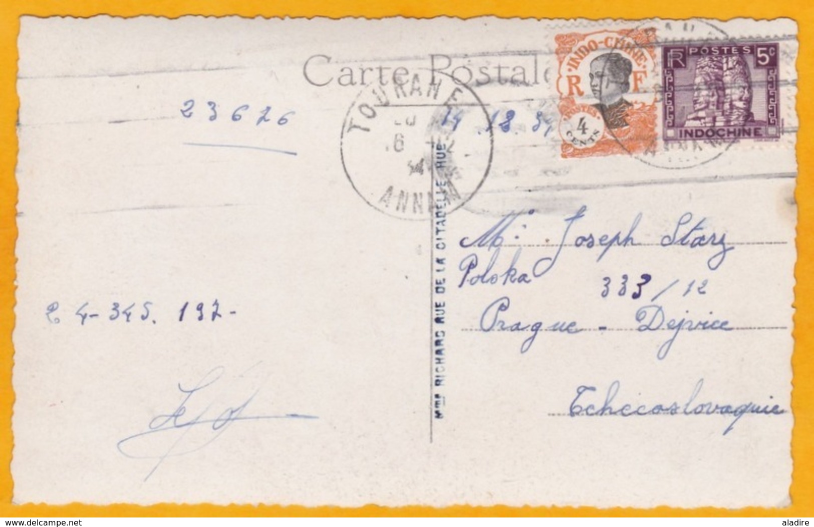 1934 - CP Photo De TOURANE, Annam Vers Prague, Tchécoslovaquie -  Cad Transit Et Arrivée (OMEC) - Vue Pêche à L'épervier - Lettres & Documents