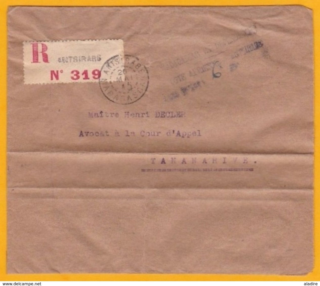 1945 - Enveloppe De Fortune Reco Par Avion D' Antsirabe Vers Tananarive - Taxe Perçue Faute De Timbres - Pénuries Papier - Covers & Documents