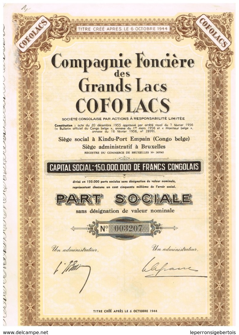 Titre Ancien - Compagnie Foncière Des Grands Lacs "COFOLACS"  - Titre De 1956 - Afrika