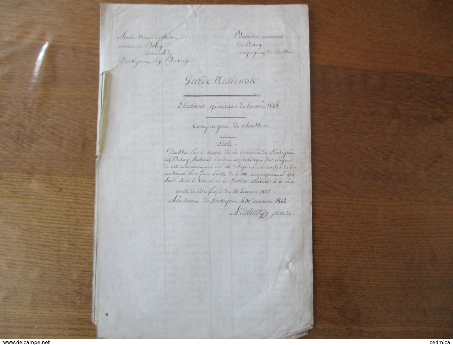 LOUVIGNIES LEZ BAVAY 4 DECEMBRE 1842 A:ROBEAU MAIRE GARDE NATIONALE ELECTIONS DE L'ANNEE 1843 COMPAGNIE DE CHASSEURS LI - Documents Historiques