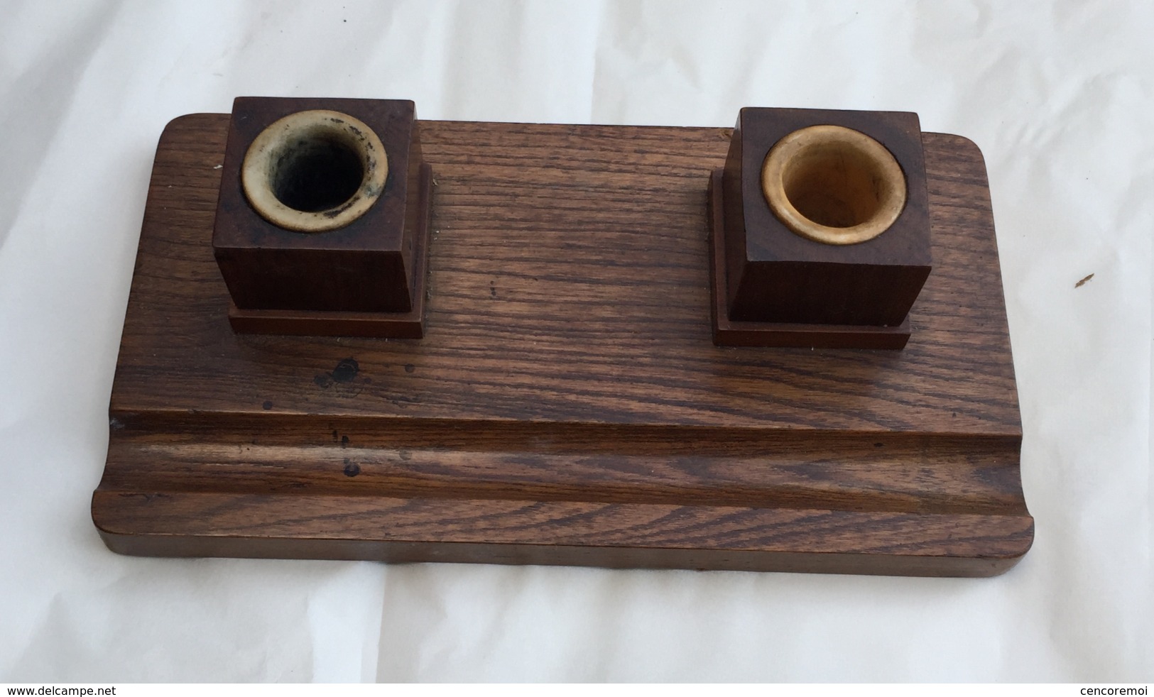 Ancien Encrier De Bureau En Bois Des Années 40 - Inkwells