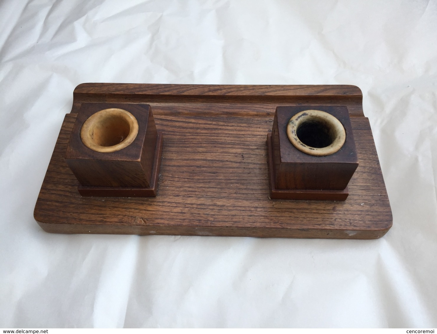 Ancien Encrier De Bureau En Bois Des Années 40 - Inkwells