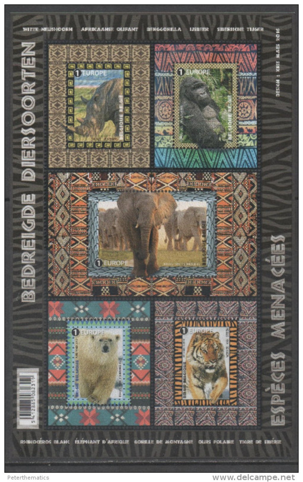 BELGIUM, 2016, MNH, ENDANGERED SPECIES, ELEPHANTS, POLAR BEARS, RHINOS, TIGERS, GORILLAS, SHEETLET - Big Cats (cats Of Prey)