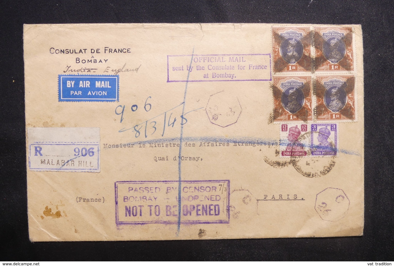 INDE - Enveloppe Du Consulat De France De Bombay En 1945 En Recommandé Pour Paris Avec Cachet De Censure - L 42031 - 1936-47 King George VI