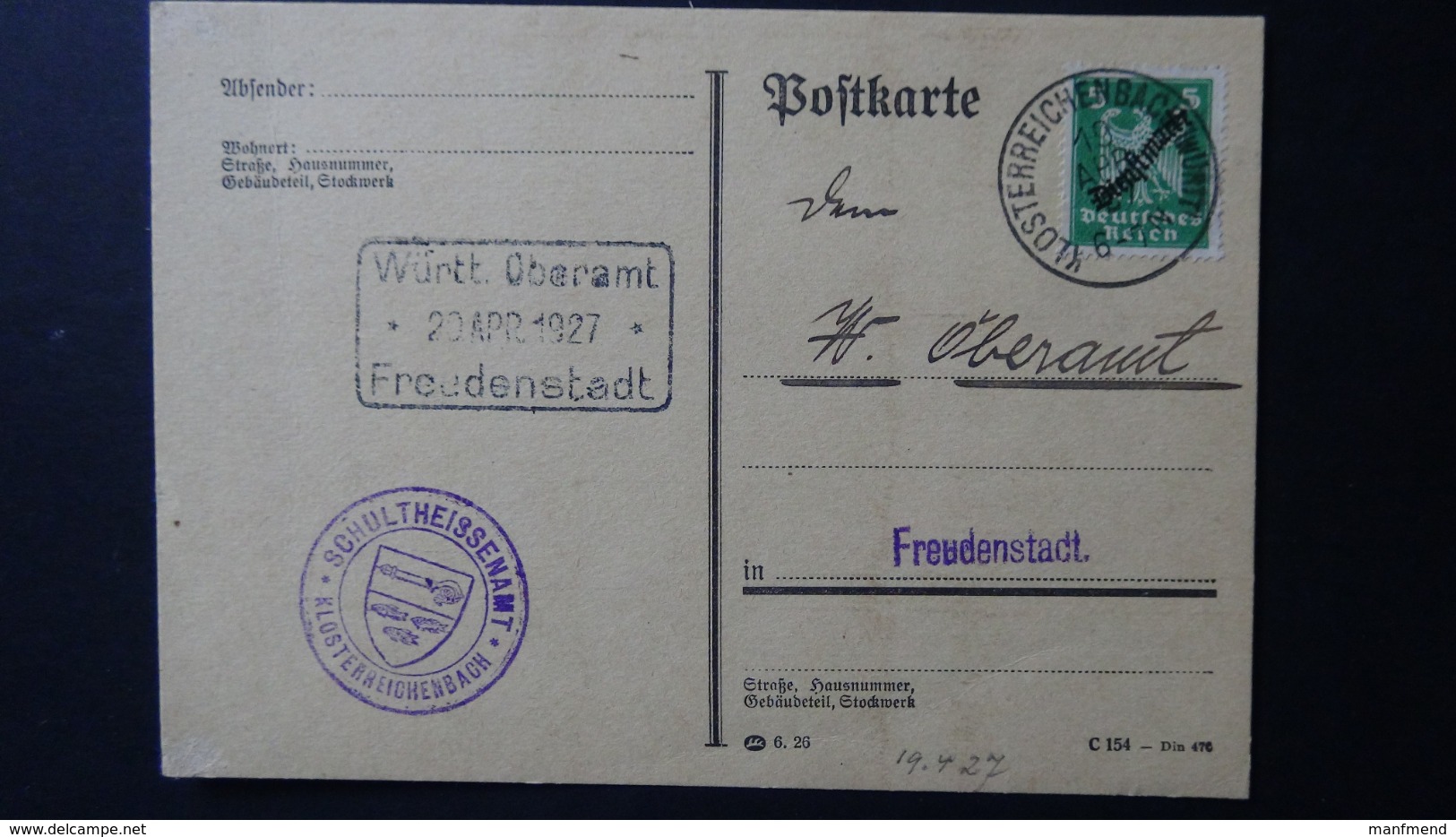 Germany - 1924 - Mi:DR D106, Sn:DE O54, Yt:DR S69 On Postcard -  Look Scan - Dienstmarken