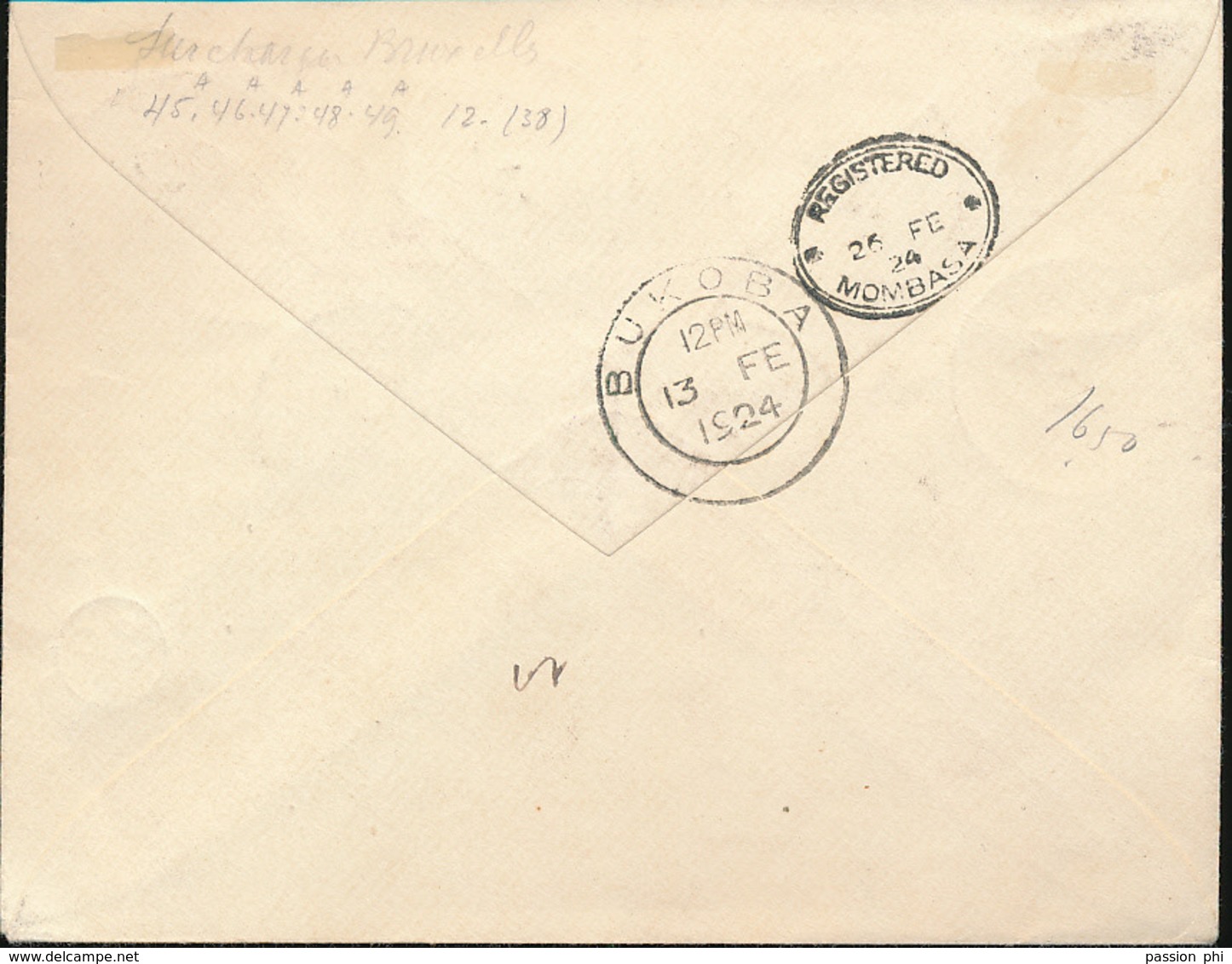 RUANDA URUNDI 1922 ISSUE ON REGISTERED COVER FROM KIGALI 1924 VIA BUKOBA AND MOMBASA TO BRUSSELS - Lettres & Documents