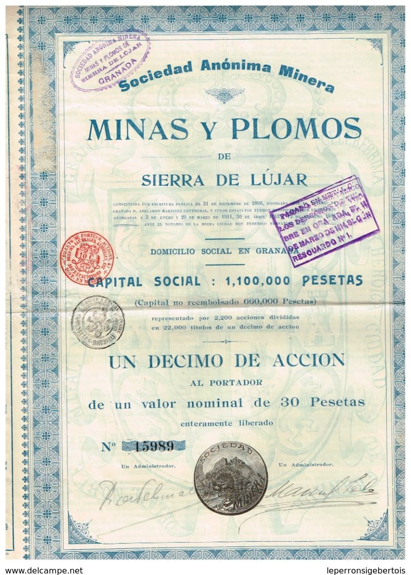 Titre Ancien - Sociedad Anónima Minera - Minas Y Plomos De Sierra De Lújar - Titulo De 1911 - Mines