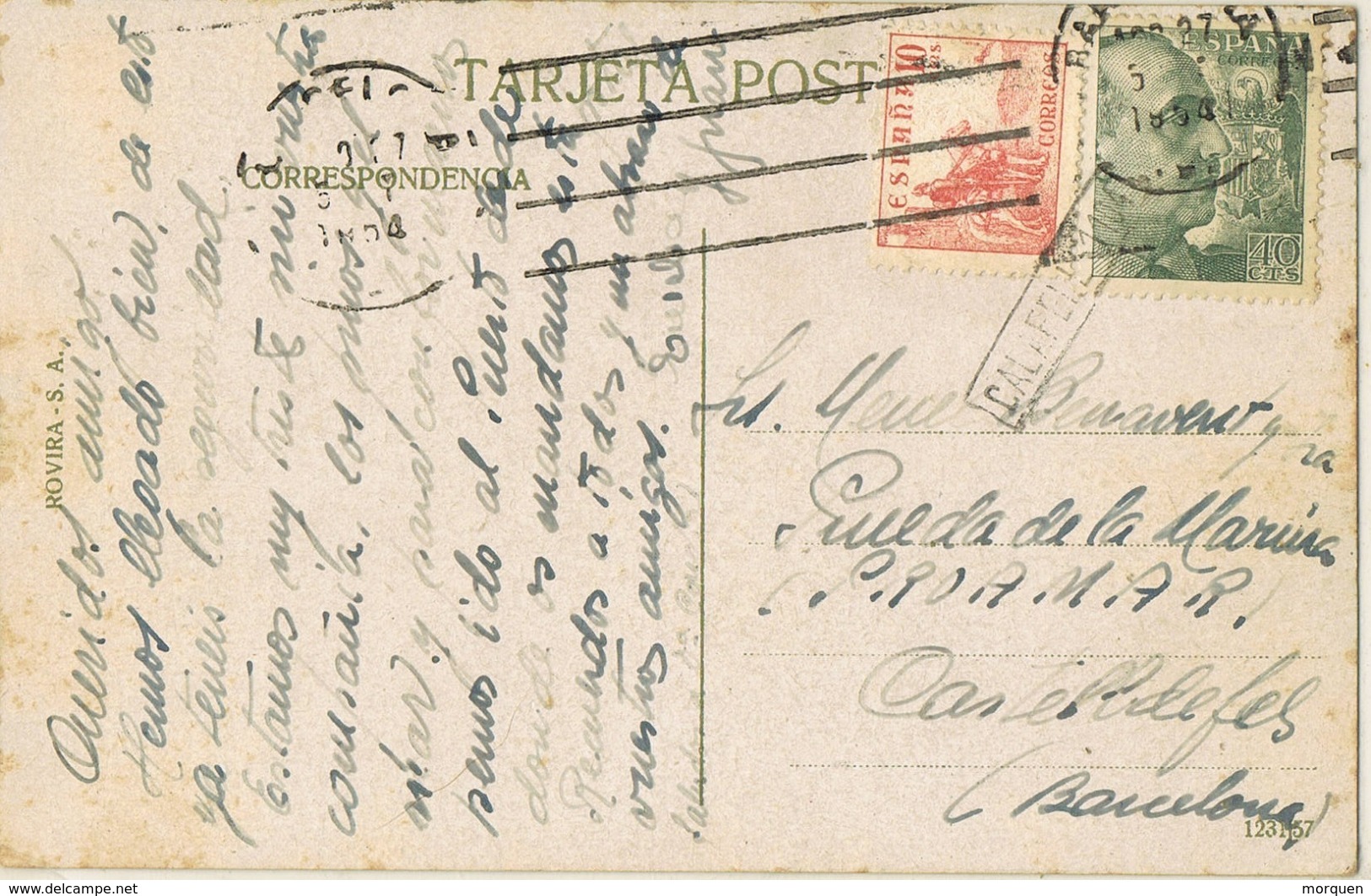 33767. Postal CALAFELL (Tarragona) 1954. Carteria Lineal Ferrocarril CALAFELL-1104 - Cartas & Documentos