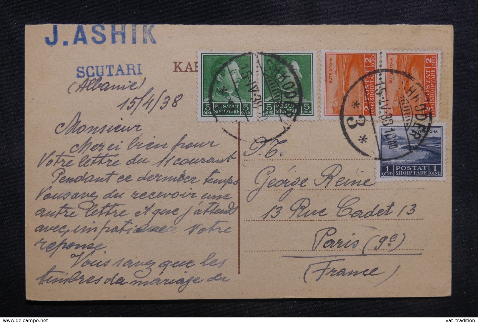 ALBANIE  - Carte De Correspondance De Scutari Pour La France En 1938, Affranchissement Plaisant - L 42059 - Albanie