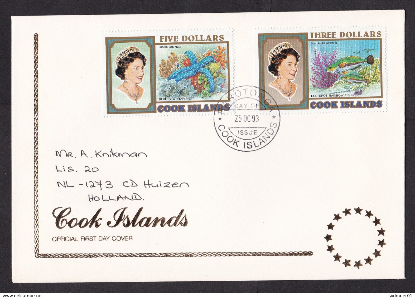 Cook Islands: First Day Cover To Netherlands, 1993, 3 Stamps, Sea Star, Rainbow Fish, Rare Real Use (traces Of Use) - Cookeilanden