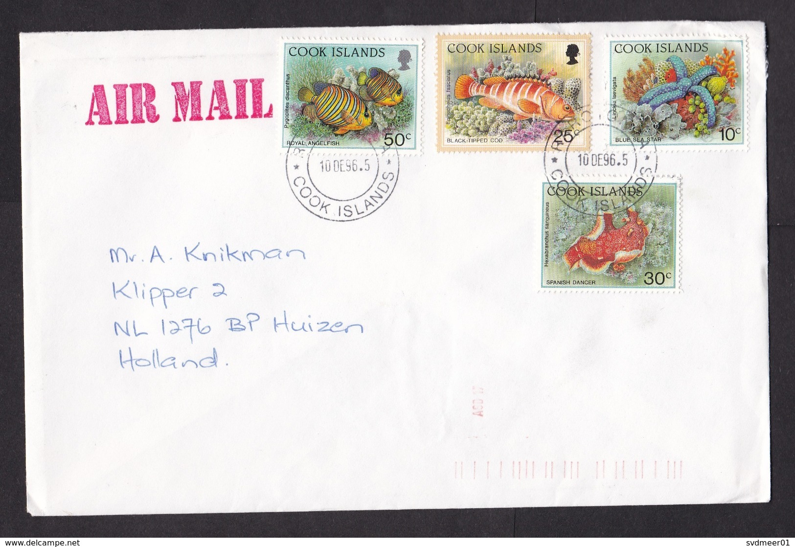 Cook Islands: Airmail Cover To Netherlands, 1996, 2 Stamps, Fish, Sea Life, Animal, Rare Real Use (minor Damage) - Cookeilanden