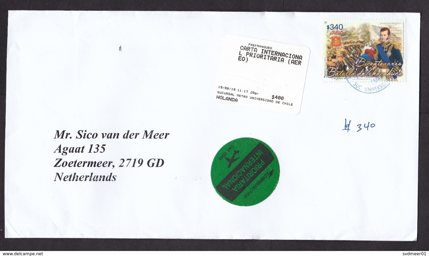 Chile: Priority Cover To Netherlands, 2019, 1 Stamp & ATM Label, Battle, War History, Round-shaped Label (traces Of Use) - Chili