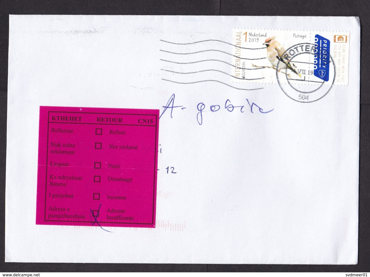 Netherlands: Priority Cover To Albania, 2019, 1 Stamp, Bird, Returned, Retour Label, Cancels At Back (traces Of Use) - Storia Postale