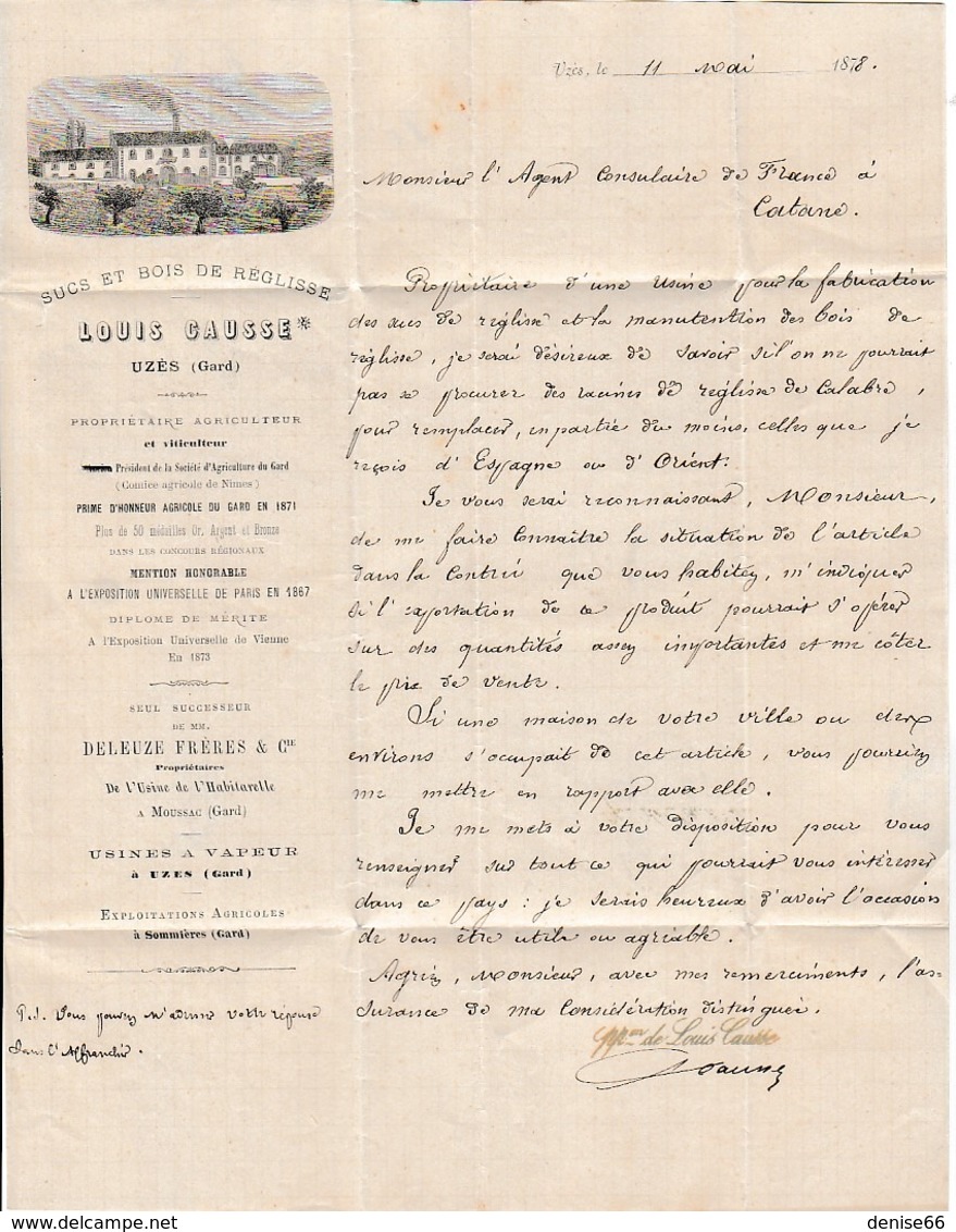 1878 UZES - SUCS & BOIS De RÉGLISSE - Louis CAUSSE - à L'Agent Consulaire De France à CATANE (Italie) - Historical Documents