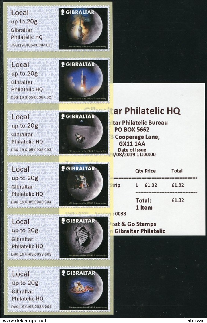 GIBRALTAR (2019). ATM Post & Go - 50th Anniversary APOLLO 11 XI Moon Landing 1969 - Set Local + Receipt First Day GI05 - Gibraltar