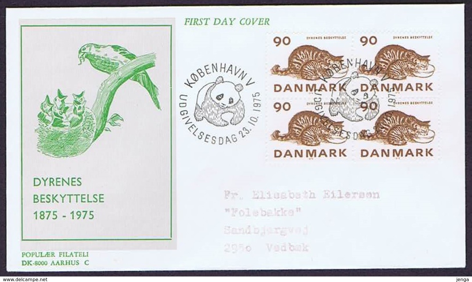 Denmark 1975; Endangered Species/Animal Protection - Cat; WWF Issue; Block Of 4 On FDC With Panda Postmark - FDC