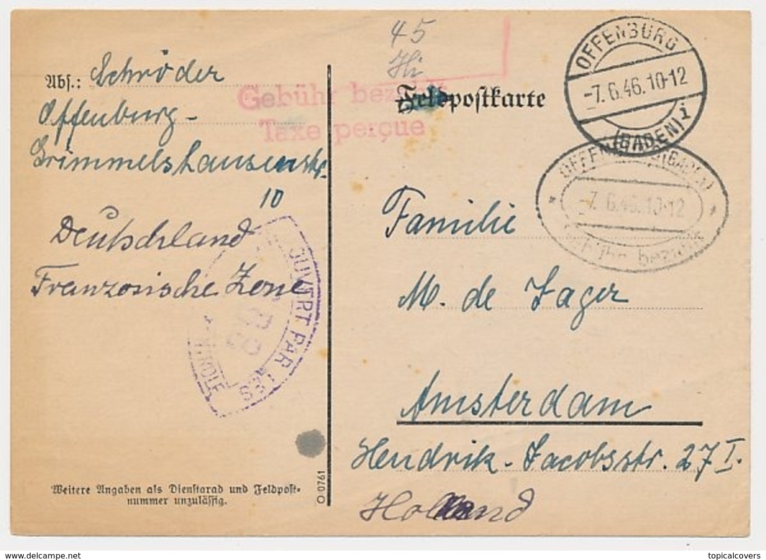 Censored Card Germany French Zone - Netherlands 1946 - Gebuhr Bezahlt / Taxe Percue - Other & Unclassified