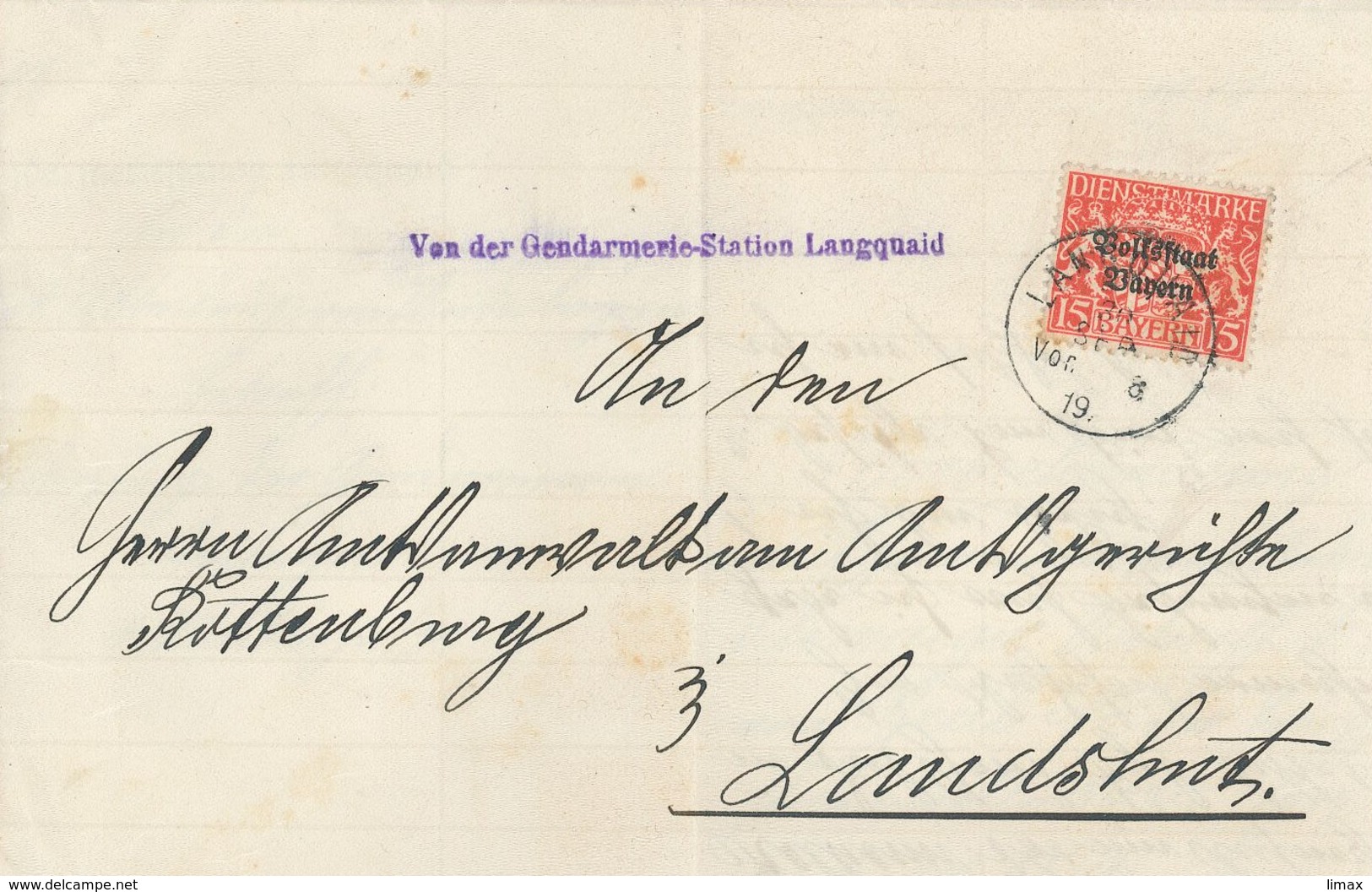 Volksstaat Bayern Gendarmerie-Station Langquaid Dienstbrief Nach Landhut 15 Pfg 1919 - Storia Postale