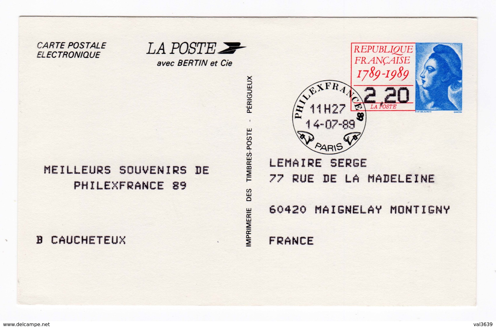 Entier Postal électronique Philex France 1989 Liberté De Gandon 2,20 Frs Cachet Du 14/07/1989 - Cartes Postales Types Et TSC (avant 1995)