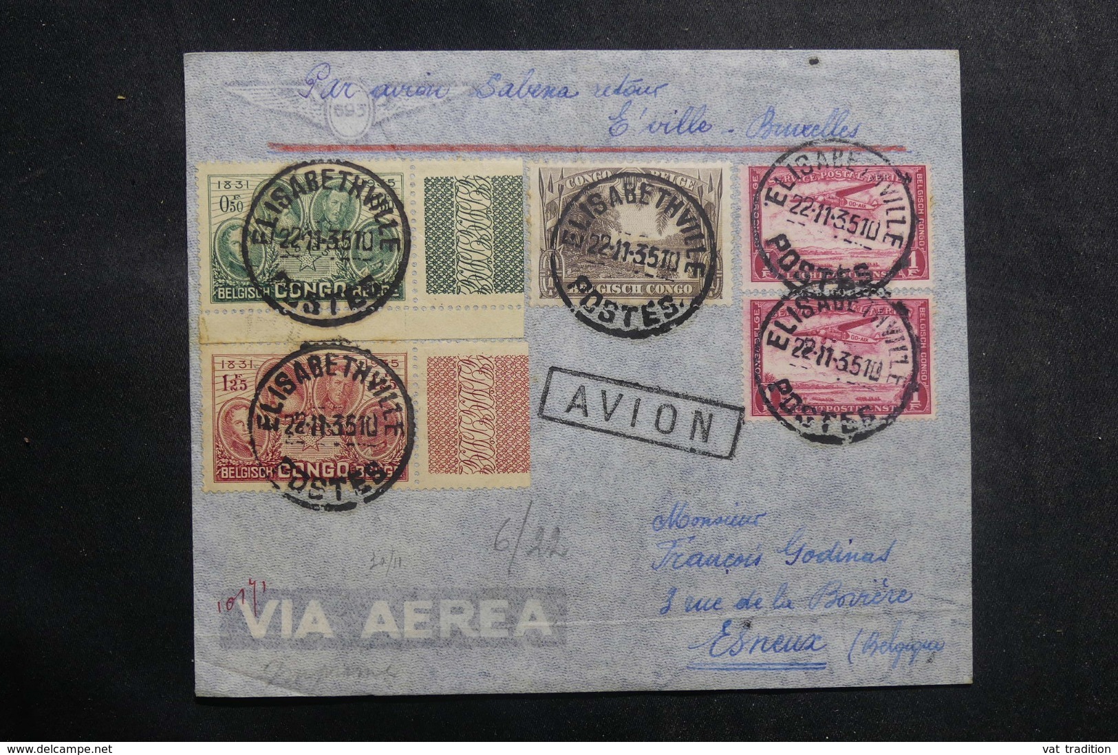 CONGO BELGE - Enveloppe Par Vol Aérien Elisabethville / Bruxelles En 1935, Affranchissement Plaisant - L 42108 - Lettres & Documents