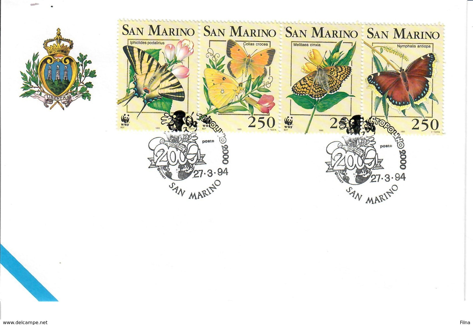 SAN MARINO 1993 - ANIMALI WWF FARFALLE ANNULLO TOPOLINO 2000 - FDC