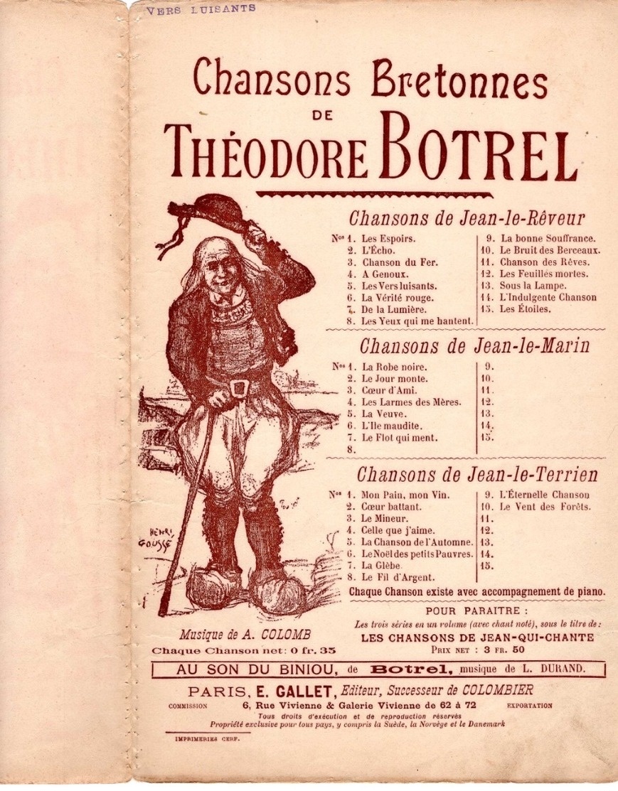 CAF CONC BRETAGNE GOUSSÉ PARTITION VERS LUISANTS THÉODORE BOTREL ÉDITION GALLET ALTERNATIVE BERTHE SÉVERIN - Autres & Non Classés
