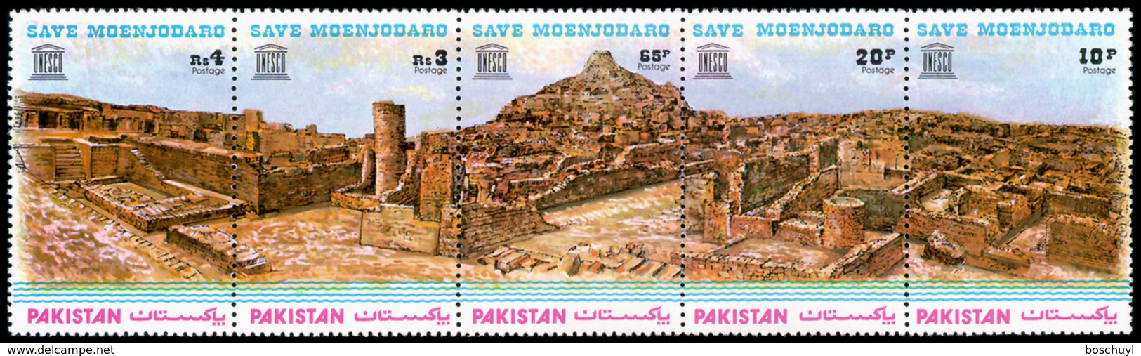 Pakistan, 1976, Save Mohenjodaro, UNESCO, United Nations, MNH Strip, Michel 398-402 - Pakistan