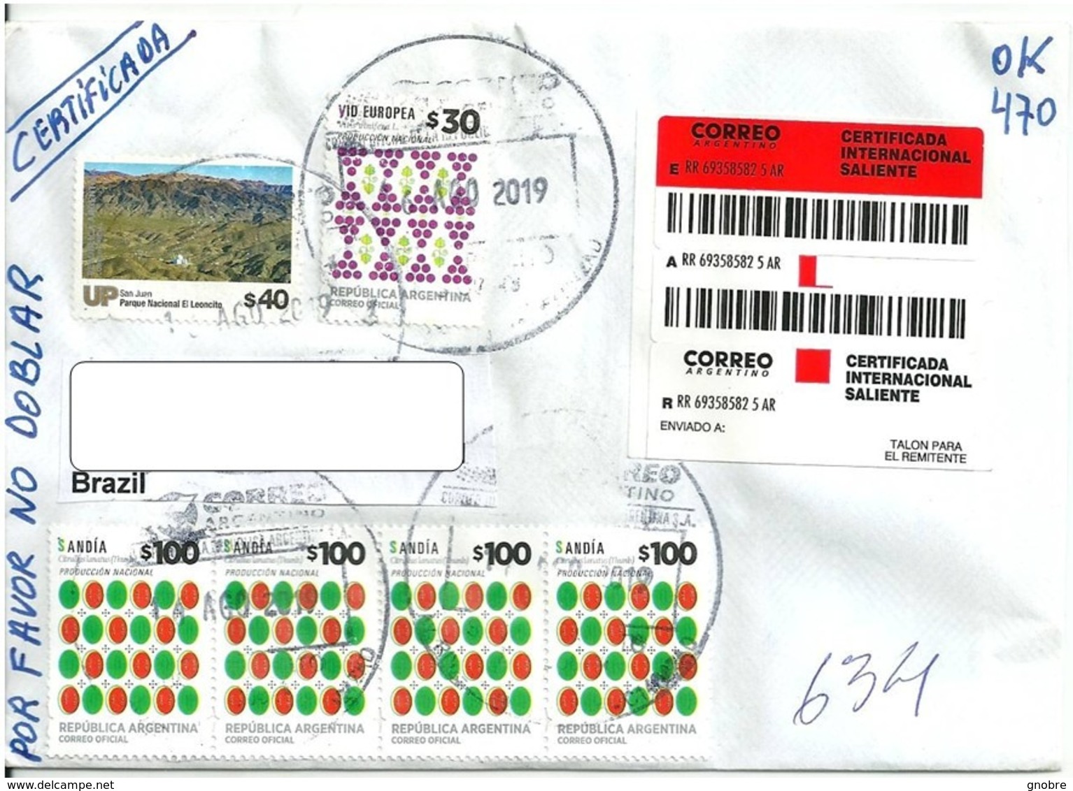 ARGENTINA Cover To BRAZIL Sent In 2019 REGISTERED With 6 Stamps (GN 0392) - Brieven En Documenten