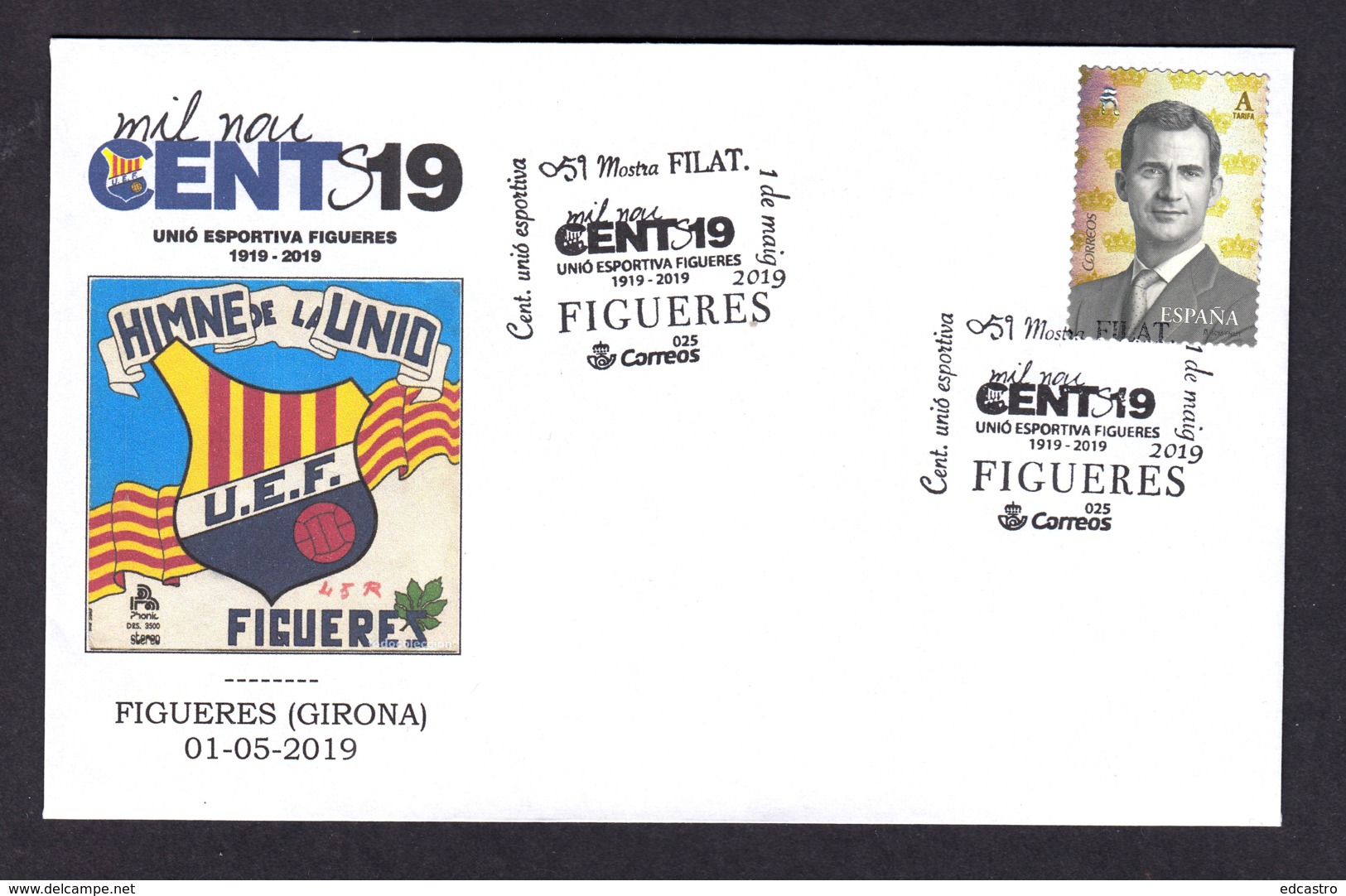 9.- SPAIN ESPAGNE 2019 SPECIAL POSTMARK 100 YEARS OF FIGUERES FOOTBALL TEAM - GIRONA - Equipos Famosos