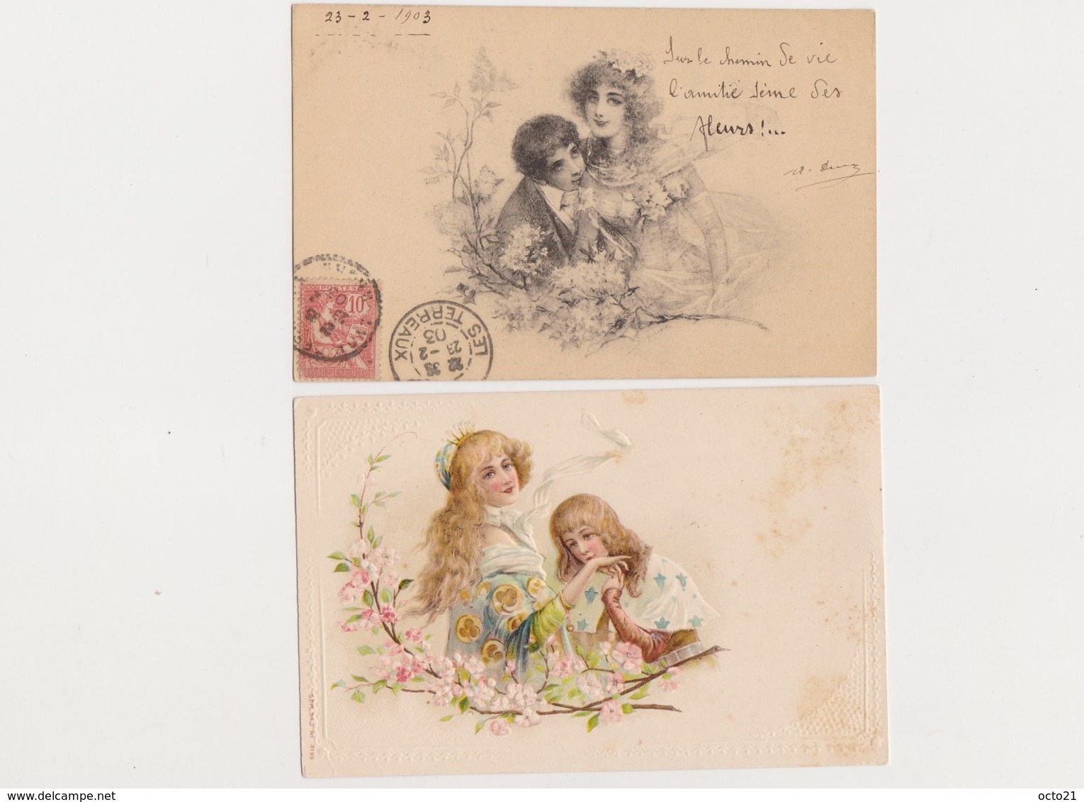 2 Cartes Fantaisie Dessinées   / Couple , Branchage Fleuri - Couples