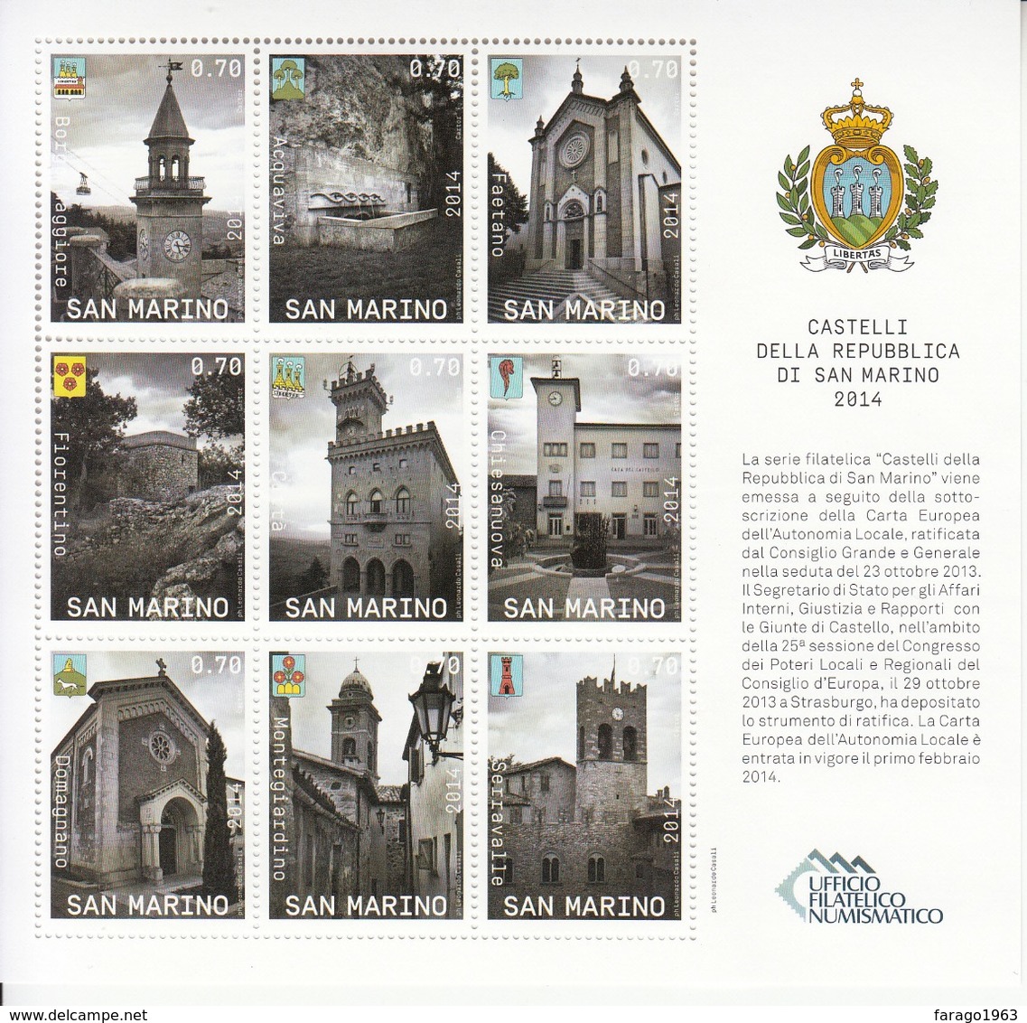 2014 San Marino Municipalities Architecture Coats Of Arms Miniature Sheet Of 9 MNH @ Well BELOW Face Value - Ongebruikt
