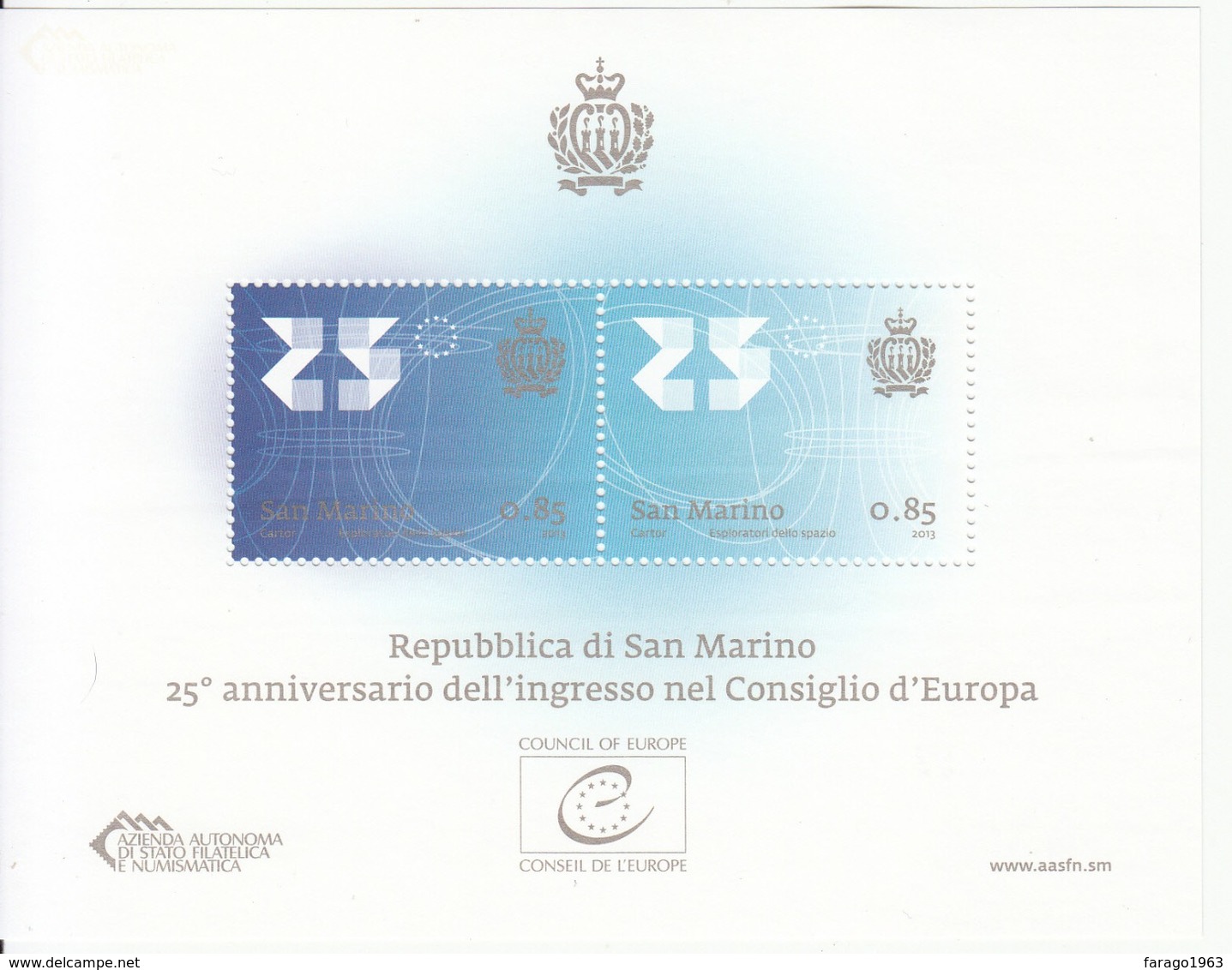 2013 San Marino Council Of Europe Miniature Sheet Of 2 MNH @ Well BELOW Face Value - Ungebraucht