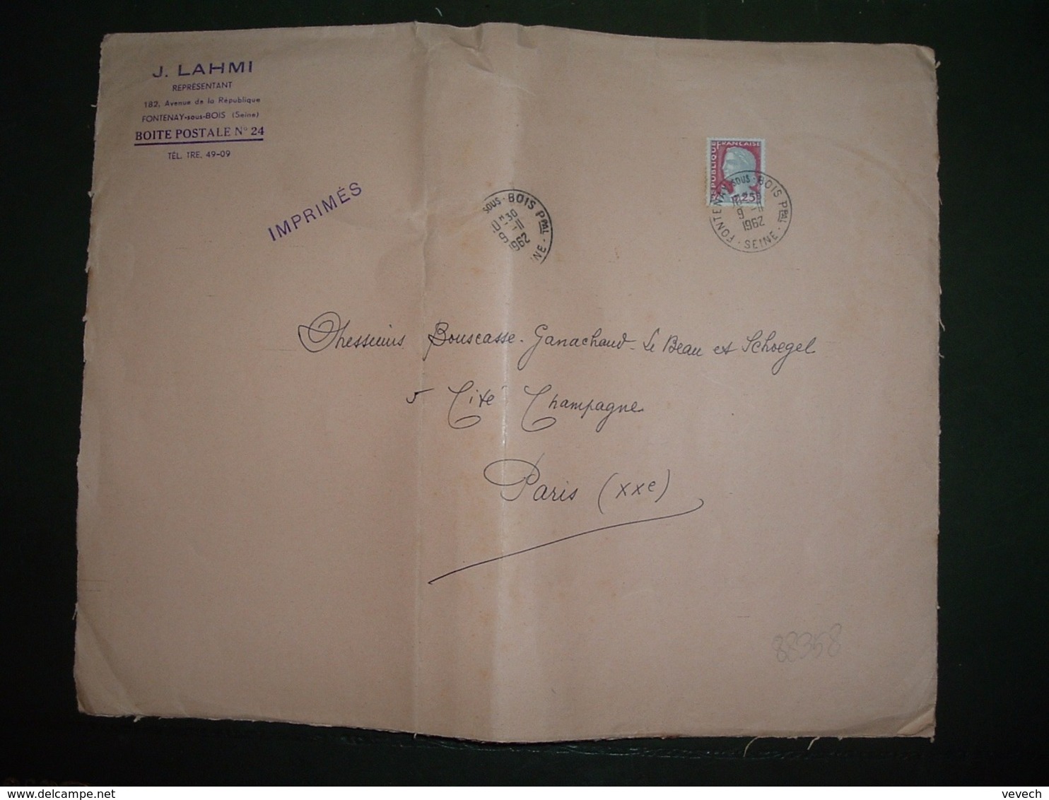 LETTRE Griffe Violette IMPRIMES + TP MARIANNE DE DECARIS 0,25 OBL.9-11 1962 FONTENAY SOUS BOIS PPAL (93) J. LAHMI Représ - 1960 Marianne De Decaris