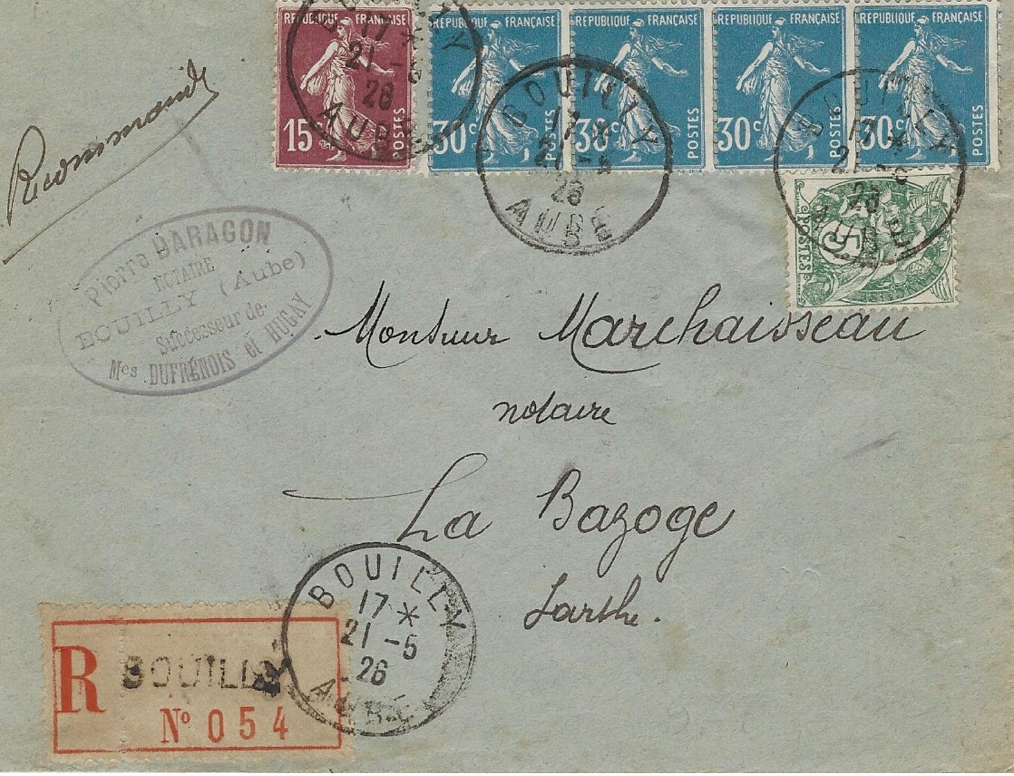 1926- Enveloppe RECC.affr. à  1,40 F   De BOUILLY / AUBE - 1921-1960: Modern Tijdperk