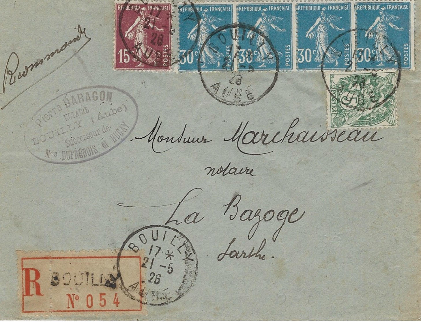 1926- Enveloppe RECC.affr. à  1,40 F   De BOUILLY / AUBE - 1921-1960: Periodo Moderno