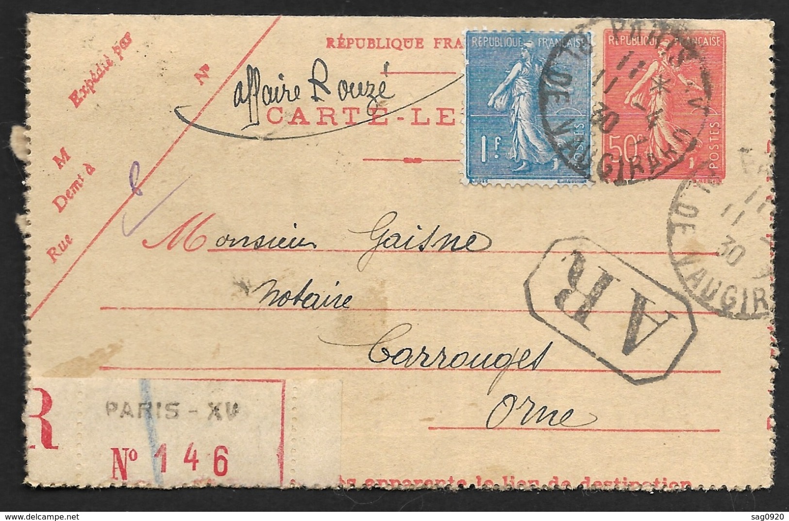 Carte Lettre Recommandée De Paris XV Pl De Vaugirard - 1921-1960: Période Moderne