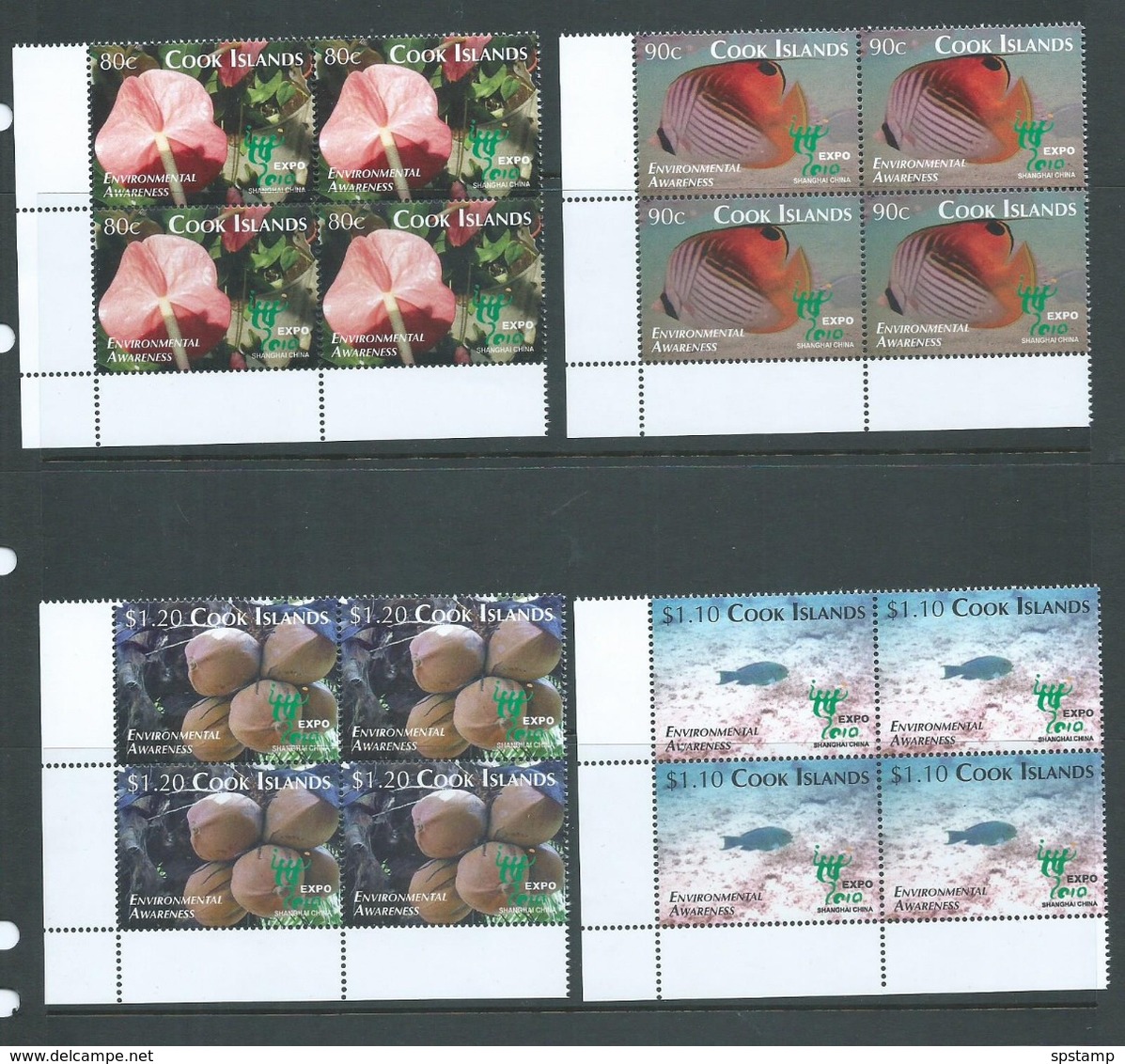 Cook Islands 2010 Shanghai Expo Environmental Awareness Set 4 Matched Corner Blocks Of 4 MNH - Cook Islands