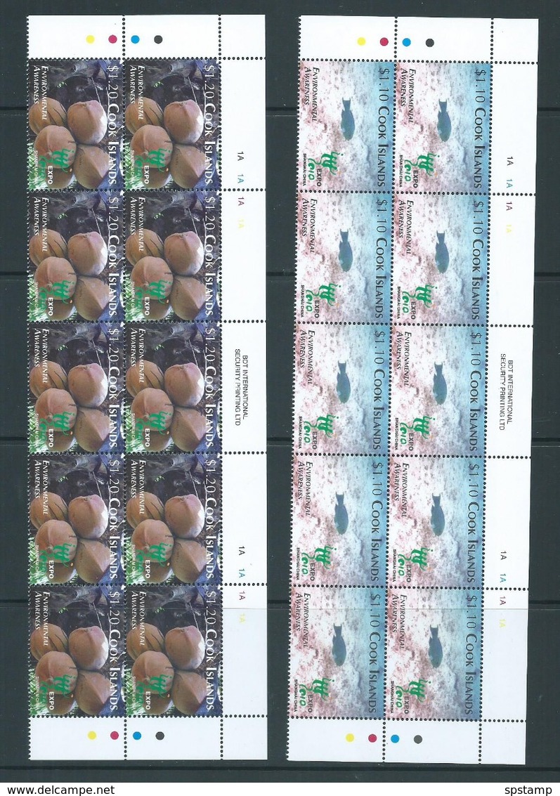 Cook Islands 2010 Shanghai Expo Environmental Awareness Set 4 Matched Imprint & Plate Number Blocks Of 10 MNH - Cookeilanden