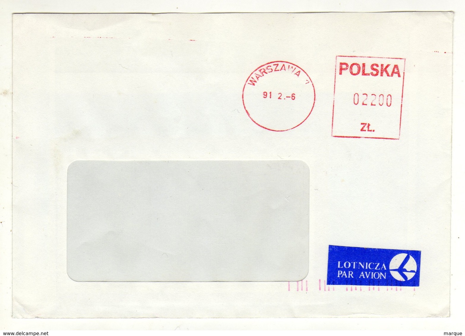Enveloppe POLSKA POLOGNE Oblitération E.M.A. WARSZAWA 06/02/1991 - Máquinas Franqueo (EMA)