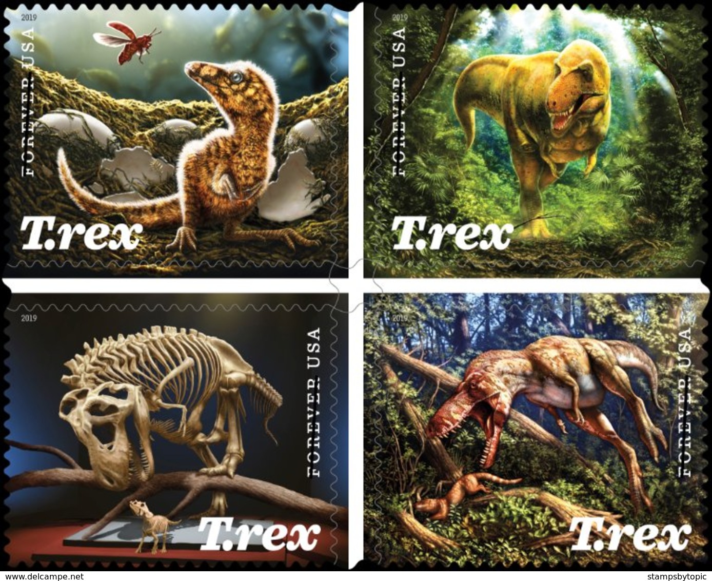 United States 2019 NEW T-Rex Stamps Block Of 4v Mint NH / ** Tyrannosaurus Rex Fossils Carnivorous Dinosaurs Reptiles - Prehistorics