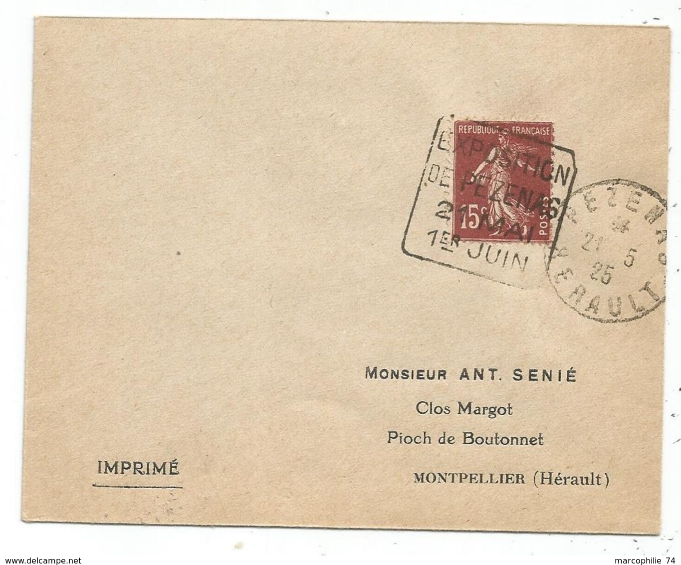 N° 189 LETTRE DAGUIN CARRE SEUL EXPOSOTION DE PEZENAS HERAULT 21.5.1925 - Oblitérations Mécaniques (flammes)