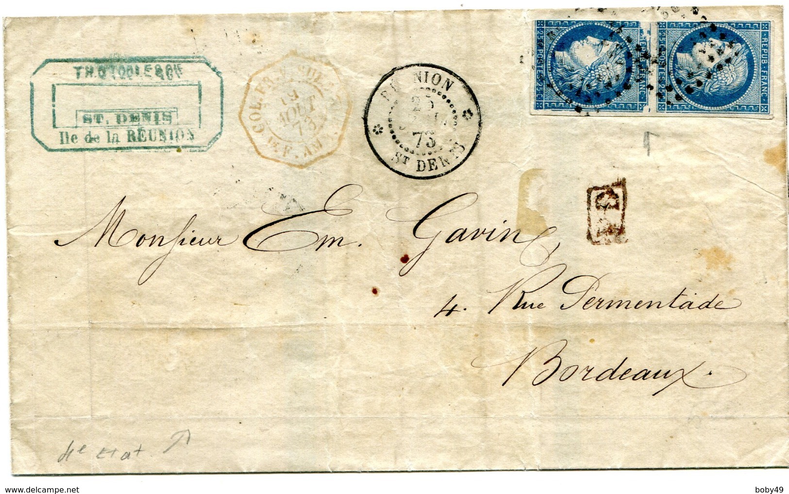 SAINT DENIS Env. Du 25/07/1873 Avec Varieté Grande Cassure Sur N°21 En Paire  Cachet Transit Pothion N°1864 Sur LSC - Lettres & Documents