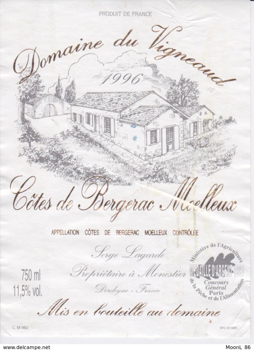 ANCIENNE ETIQUETTE VIN FRANCAIS  - CÔTES DE BERGERAC MOELLEUX  - DOMAINE DU VIGNEAUD 1996 - Bergerac