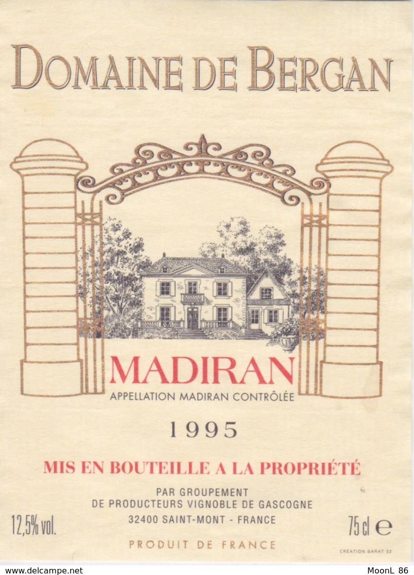 ANCIENNE ETIQUETTE VIN FRANCAIS  - MADIRAN  1995  - DOMAINE DE BERGAN - Madiran