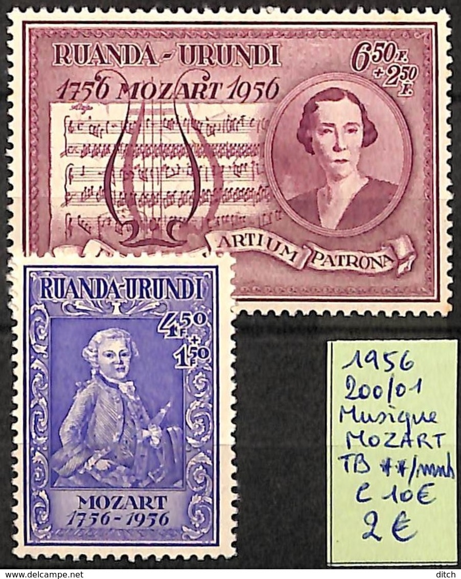 D - [825215]TB//**/Mnh-c:10e-Ruanda-Urundi 1956 - N° 200/01, Mozart, Musique, SNC - Nuevos