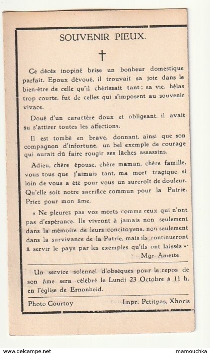 Décès Gaston VANVAL Rousselle Goyer (Jeuk )1903 Lâchement Assassiné Par Les Allemands 1944 Grand-Trixhe Werbomont Guerre - Devotieprenten